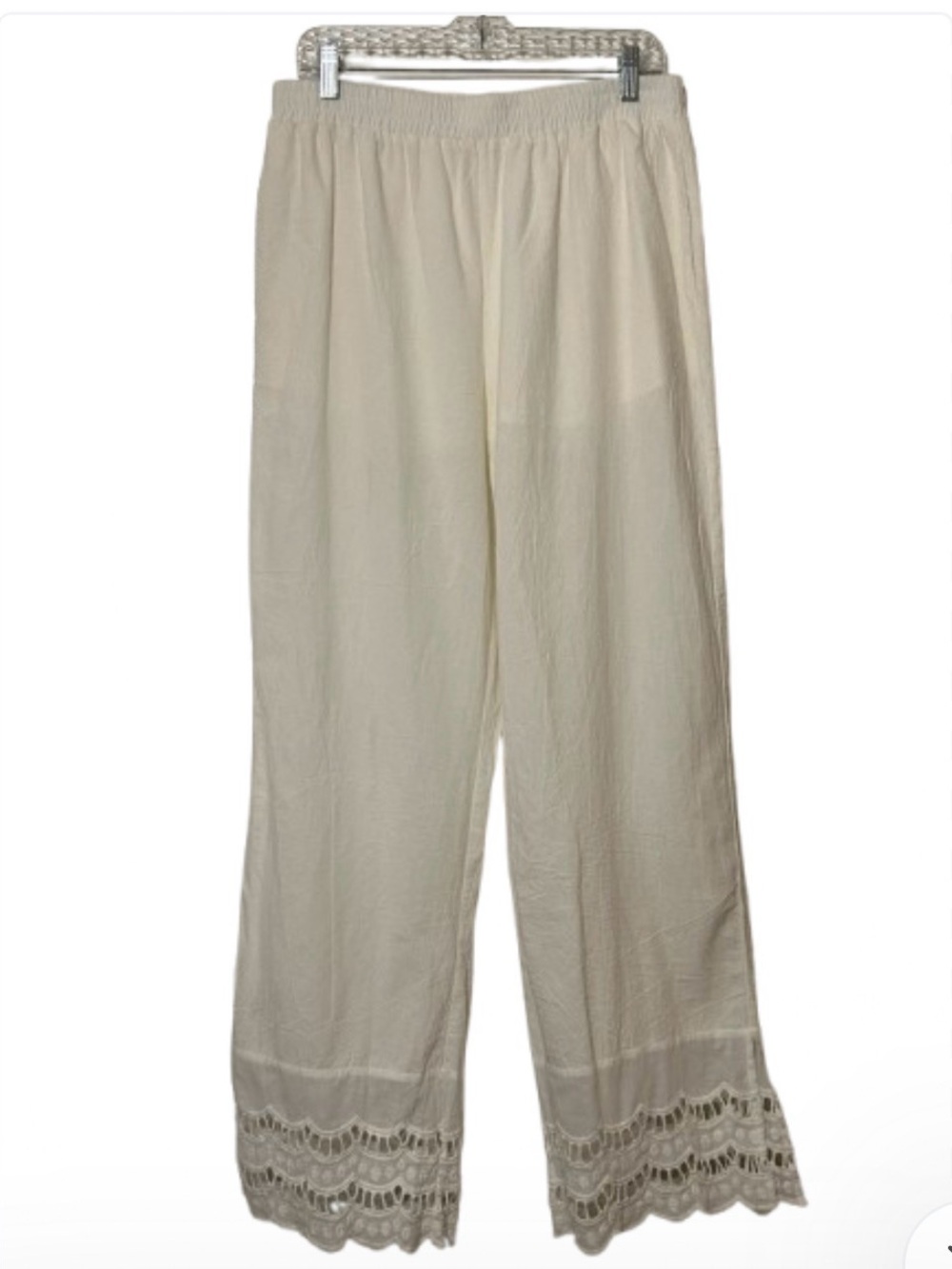 High Waist Wide-Leg Eyelet Lace Hem Pants L